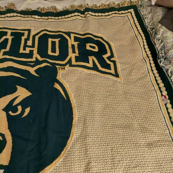 Baylor University Bears Throw Blanket Woven Cotton Green Gold Fringe Edges Colle - Picture 3 of 8